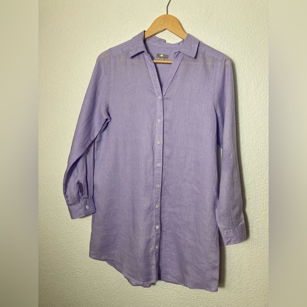 J Jill 100% linen lavender button down shirt tunic blouse size small long sleeve